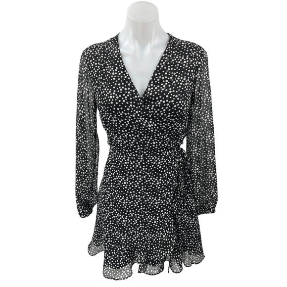 All In Favor Black White Polka Dot Long Sleeve Ruffle Mini Wrap A-line Dress S - Picture 1 of 4